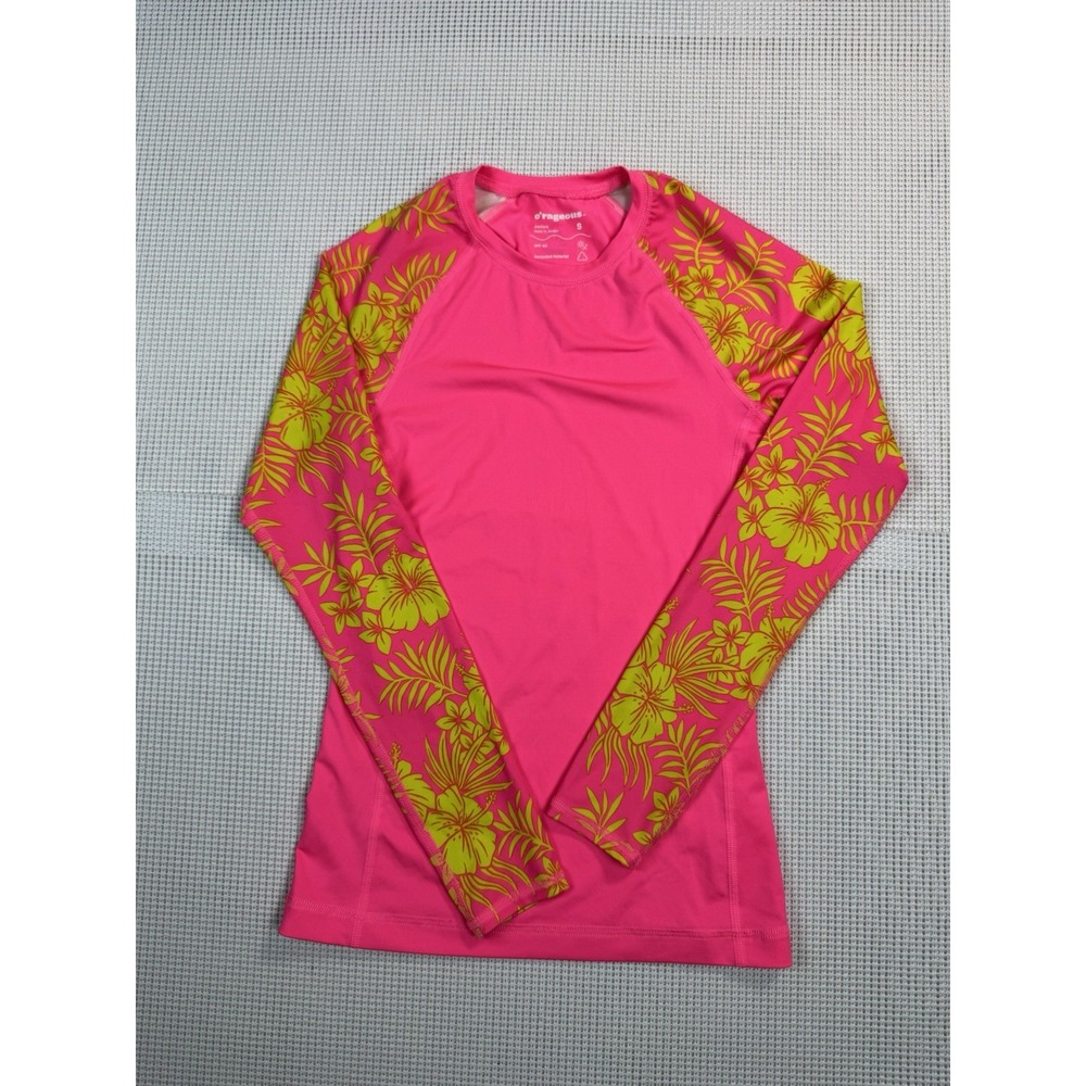 O'rageous Rash Guard UPF 50 Pink Floral Long Sleeve Swim Shirt S Women Juniors